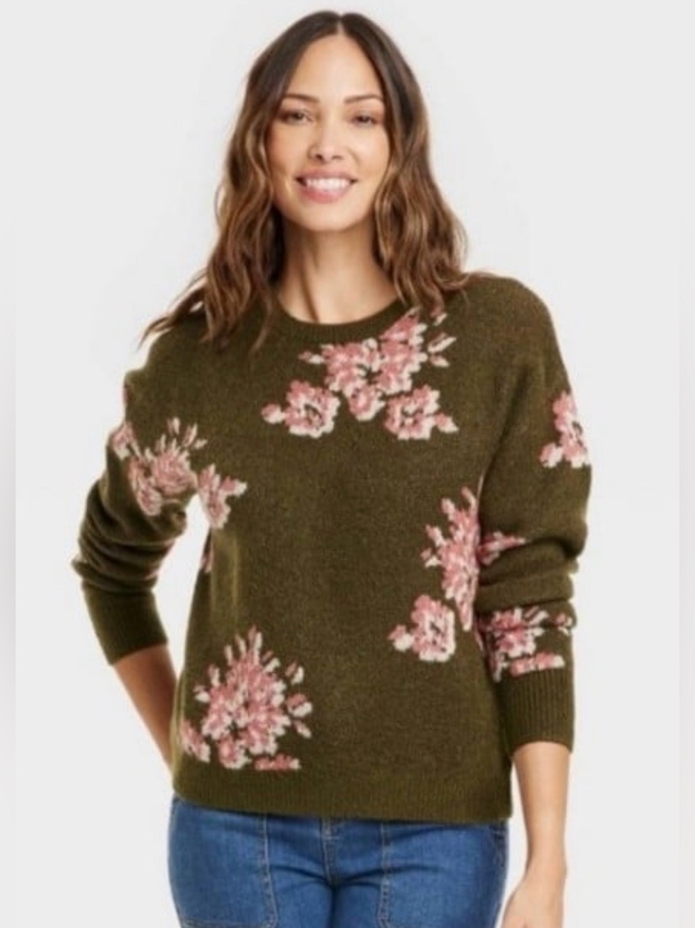 Knox Rose Olive Green Crewneck Sweater with Pink Floral Print